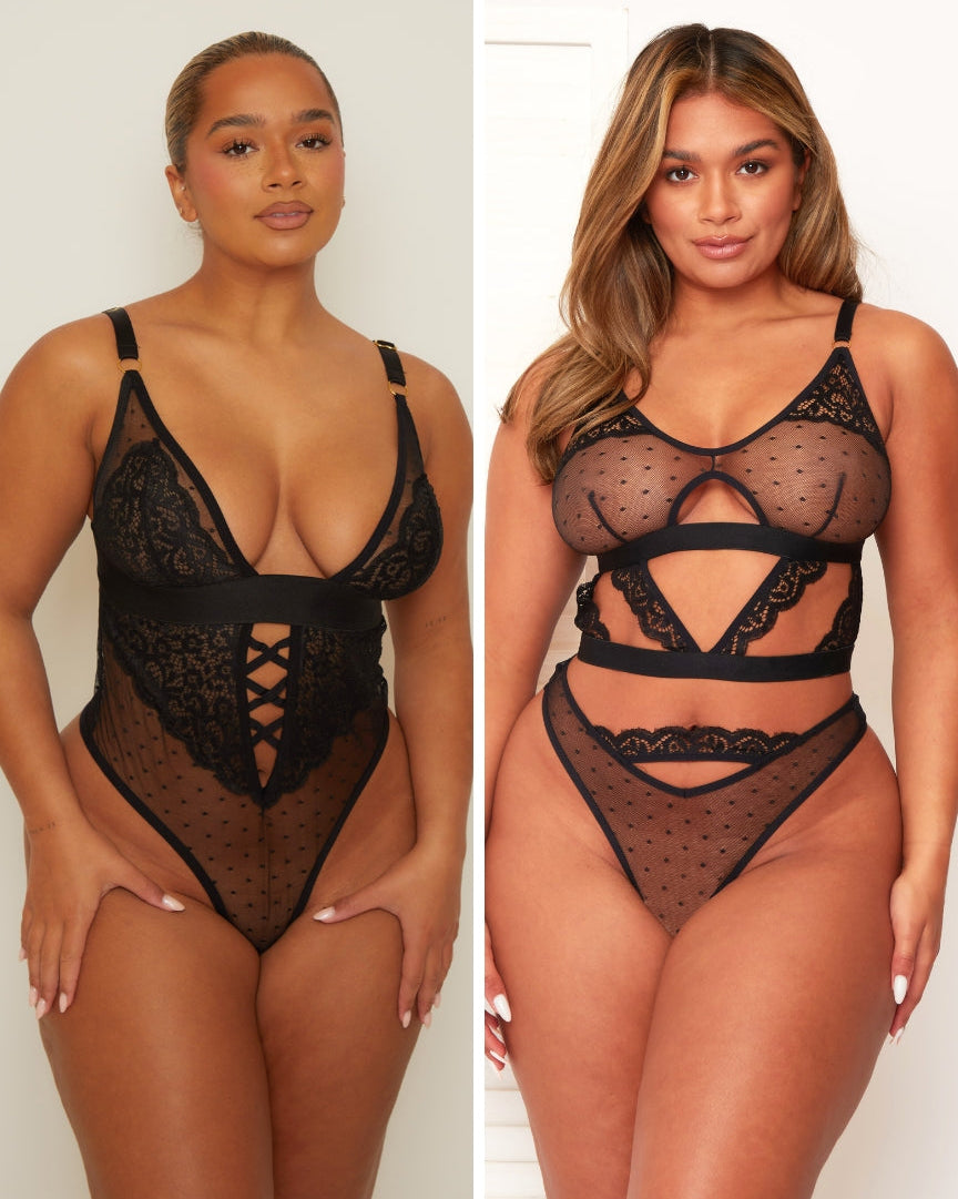 Two models wearing black lace lingerie set against a neutral background