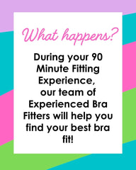 Promotional text about a 90-minute bra fitting experience with experienced fitters on a colorful geometric background.