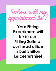 Text message about a fitting experience location with colorful geometric design