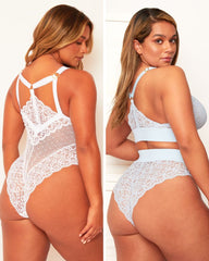 Two views of a woman wearing lace lingerie against a white background