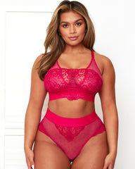 Tutti Rouge Beccs bralette in Very Cherry, featuring floral lace and sheer dotted mesh panels.