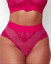 Front view of the Beccs High Waist Brief in Very Cherry featuring sheer dotted mesh, floral lace detailing and a comfortable high-waisted fit designed for curves.