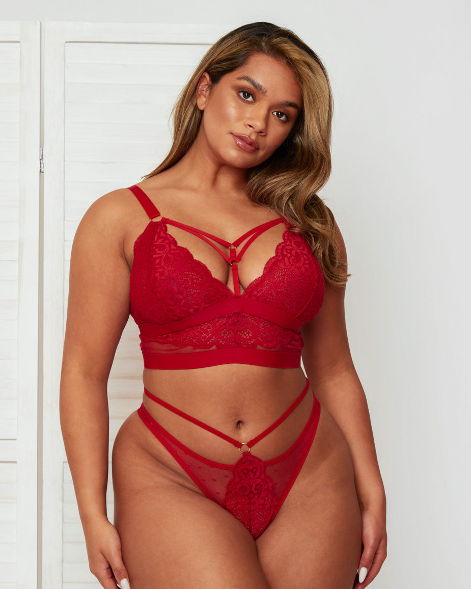 Front view of the Brooke Fuller Bust Bralette in Raspberry Red featuring floral lace triangle cups, decorative strappy neckline, gold-tone ring details and a supportive wide underband designed for fuller busts.