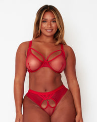Model wearing the Tutti Rouge Carina Sheer Bra and matching briefs in Sheer Strawberry, supportive DD+ lingerie with sheer mesh cups and contemporary strappy details.