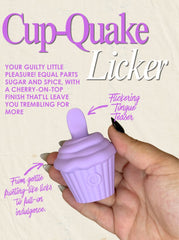Purple cup-shaped toy labeled 'Cup-Quake Licker' held by a hand with text describing its features.