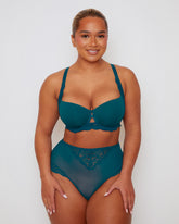 Front view of the Daley Lace T-Shirt Bra and Full Brief in Blue Coral , featuring smooth moulded cups, delicate floral lace detailing, and a subtle keyhole accent at the centre front. The matching lace thong completes the elegant everyday lingerie set.