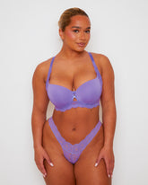 Front view of the Daley Lace T-Shirt Bra and Thong in Amethyst Orchid, featuring smooth moulded cups, delicate floral lace detailing, and a subtle keyhole accent at the centre front. The matching lace thong completes the elegant everyday lingerie set.
