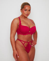 Side profile of the Daley T-Shirt Bra and Portia Thong in Very Cherry, highlighting the smooth silhouette of the moulded cups, elegant lace side panels, and minimal-coverage thong styling.