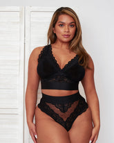 Front view of the Tutti Rouge Francine Longline Fuller Bust Bralette in Midnight Black, featuring soft stretch lace, supportive fuller-bust cups, a wide underband and elegant longline silhouette.