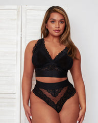 Front view of the Tutti Rouge Francine Longline Fuller Bust Bralette in Midnight Black, featuring soft stretch lace, supportive fuller-bust cups, a wide underband and elegant longline silhouette.