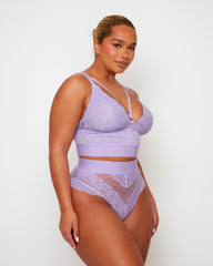 Tutti Rouge Gia Soft Lavender bralette and matching high-waisted thong, three-quarter view showing floral lace, mesh panels and wide bands.