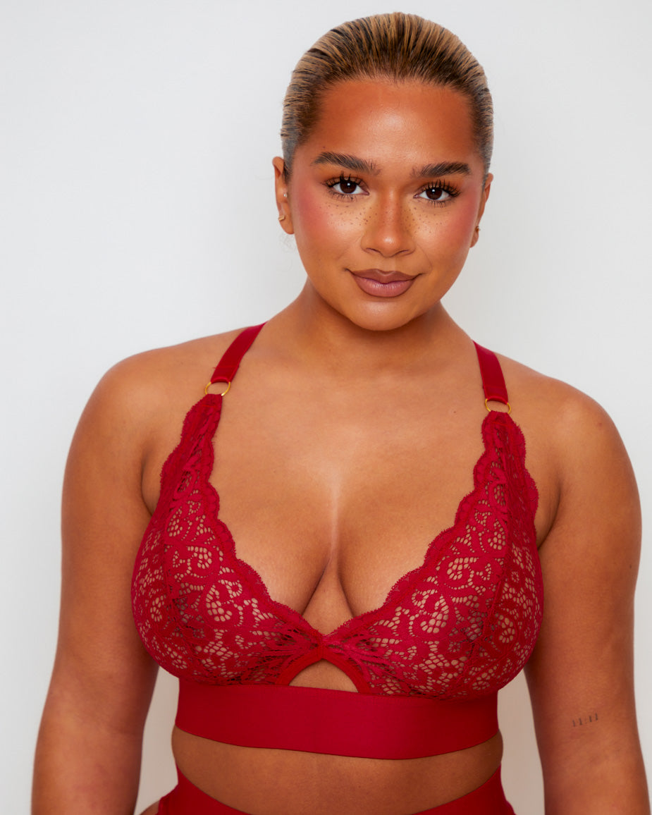 Close-up of the Tutti Rouge Julisa Fuller Bust Bralette in Raspberry Red featuring floral lace cups, plunging neckline and supportive wide underband.