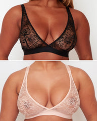 Millie-Mae Fullerbust Triangle Twin Pack Bralettes in Midnight Black and Blush Pink featuring soft floral lace, wireless support and a plunge neckline for DD+ busts.