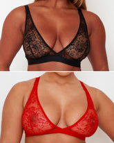 Millie-Mae Fullerbust Triangle Twin Pack Bralettes in Midnight Black and Scarlet Red featuring soft floral lace, wireless support and a plunge neckline for DD+ busts.