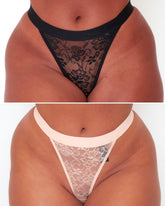 Millie-Mae Twin Pack Thongs in Midnight Black and Blush Pink featuring sheer floral lace, high-leg styling and comfortable curve-loving fit in sizes up to plus size.