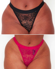 Millie-Mae Twin Pack Thongs in Midnight Black and Very Cherry featuring sheer floral lace, high-leg styling and comfortable curve-loving fit in sizes up to plus size.