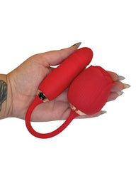 Red silicone Brand X product held in a hand with a white background