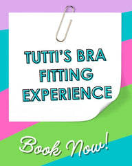 Promotional graphic for Tutti's bra fitting experience with colorful background