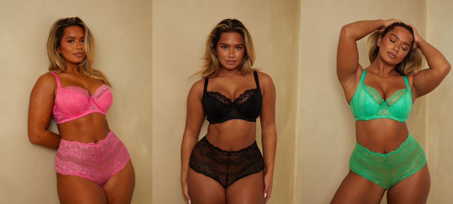 collage image of girls wearing pink, black and green lace lingerie