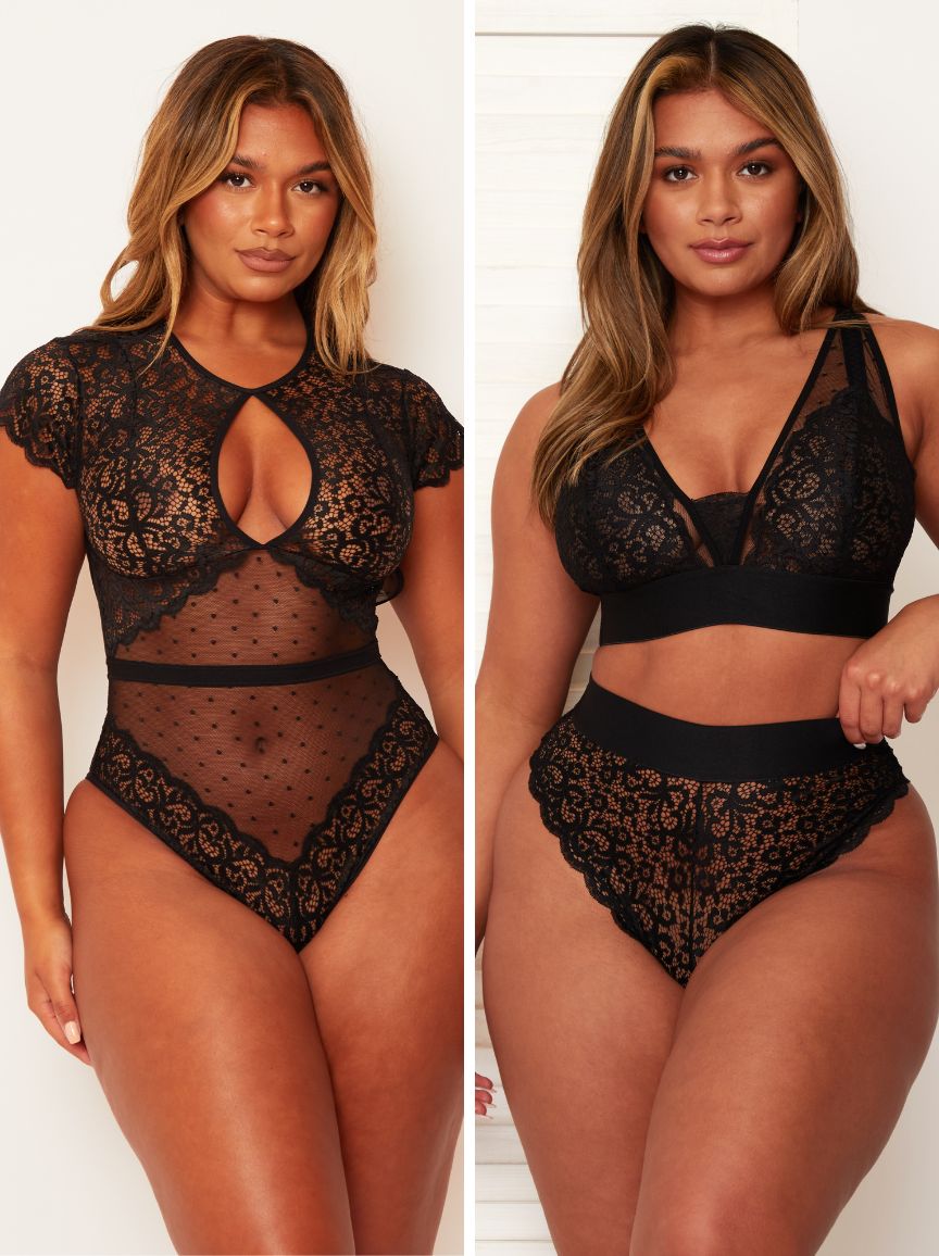 Black lace lingerie set worn by a model on a plain background