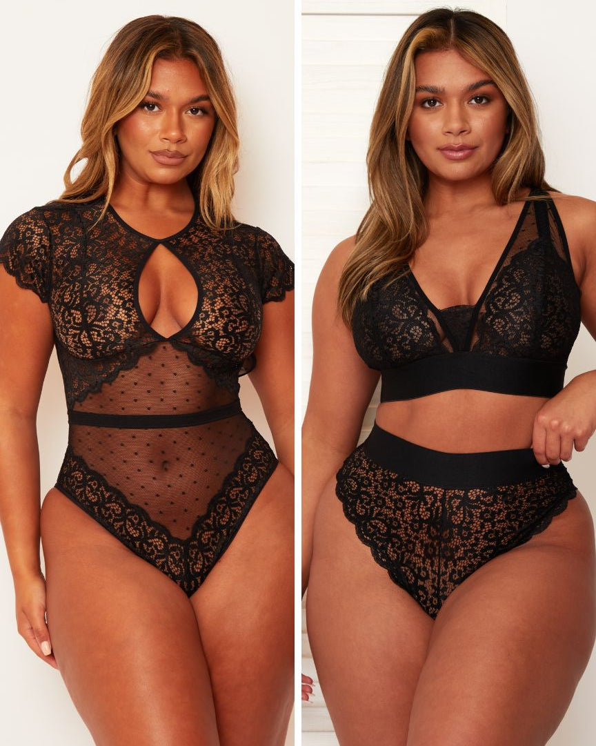Black lace lingerie set worn by a model on a plain background