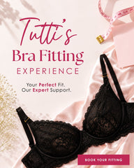 Tutti Rouge Bra Fitting Experience promotional banner featuring a black lace bra on pink satin with a measuring tape, inviting customers to book a professional bra fitting for their perfect fit and expert support.