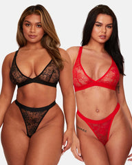 Millie-Mae Twin Pack Triangle Bralettes & Thong Set : Black & Scarlet Red
