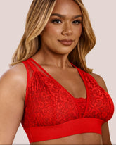 Close-up front view of the Hallie Bralette in Chilli Pepper Red from Tutti Rouge, featuring floral lace cups, sheer mesh accents, and a supportive fuller-bust design.