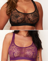 Two images of lace bras, one black and one purple, on a plain background.