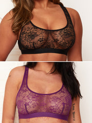Millie-Mae Twin Pack Crop Bralettes : Black & Velvet Purple