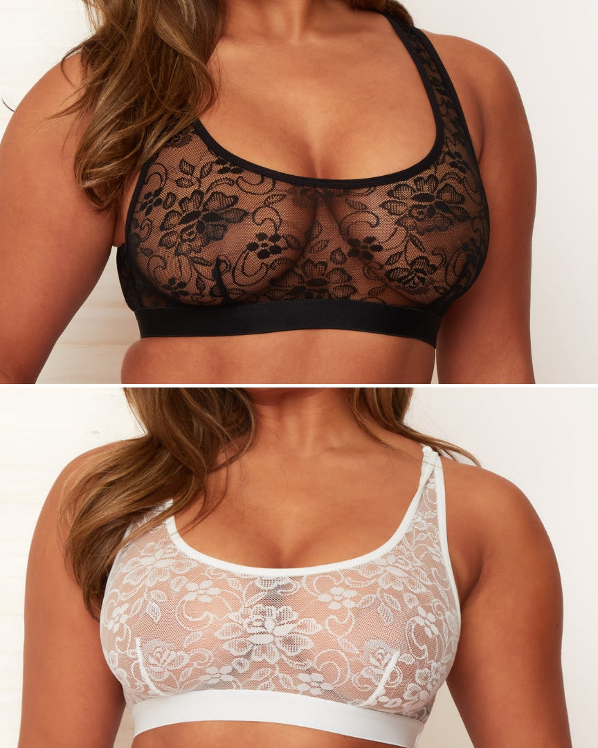 Two lace bras, one black and one white, worn by a model on a plain background.