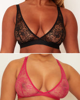Two images of lace bras, one black and one pink, on a plain background.