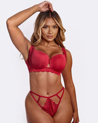 Red lacey and cut out detail strappy thong. Available in sizes XS-6XL. Plus size stylish lingerie.