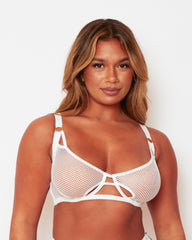 Tutti Rouge Aphrodite white fishnet bra with cut-out cup detailing, a strappy centre and gold-tone shoulder rings.