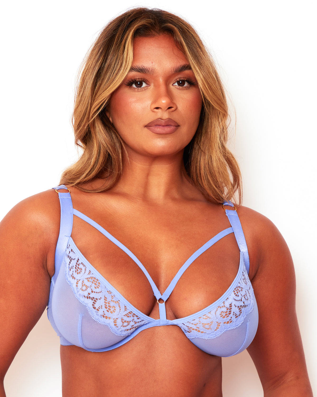 Close-up of Tutti Rouge Artemis pale blue lace and mesh plunge bra with strappy neckline and underwired cups.