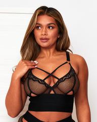 Tutti Rouge Athena black fishnet bralette with crossover neckline straps, scalloped lace trim and cut-out cup detailing.