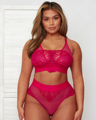 Front view of the Beccs Fuller Bust High Coverage Bralette in Very Cherry featuring floral lace, sheer dotted mesh panels, a supportive wide underband and high-coverage cups designed for fuller busts.