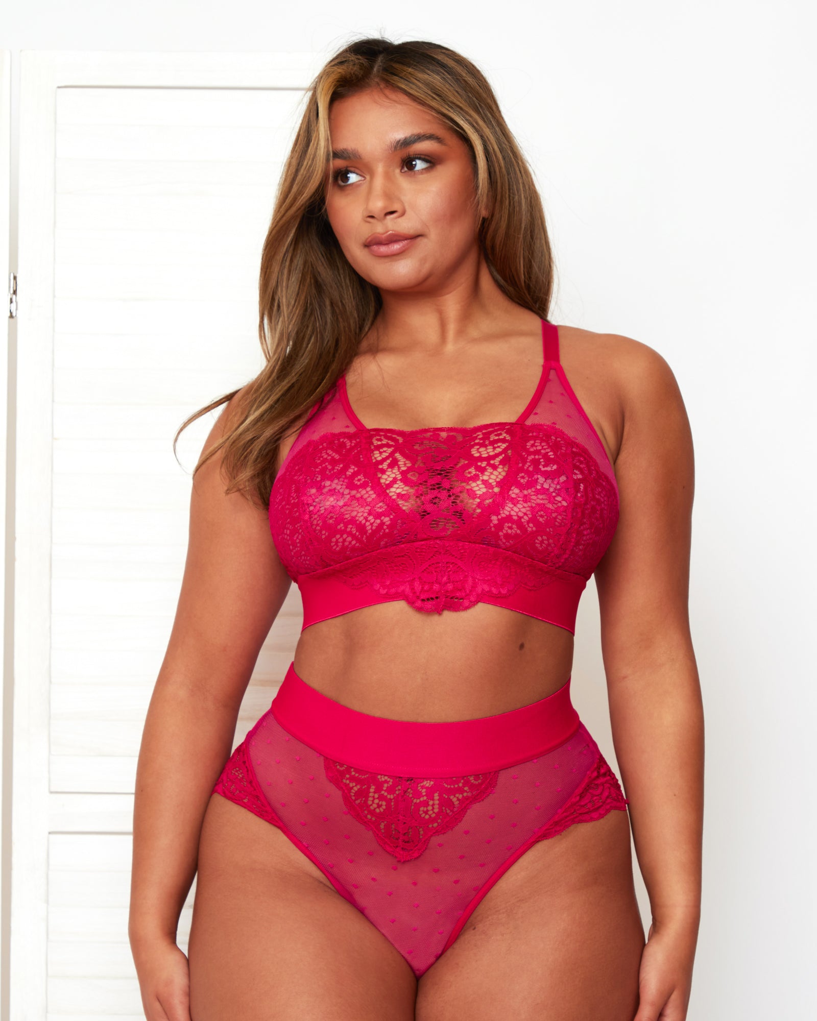 Front view of the Beccs Fuller Bust High Coverage Bralette in Very Cherry featuring floral lace, sheer dotted mesh panels, a supportive wide underband and high-coverage cups designed for fuller busts.
