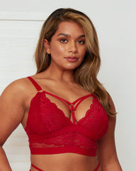 Close-up front view of the Brooke Fuller Bust Bralette in Raspberry Red highlighting floral lace, strappy neckline detailing, gold-tone hardware and supportive fuller bust construction.