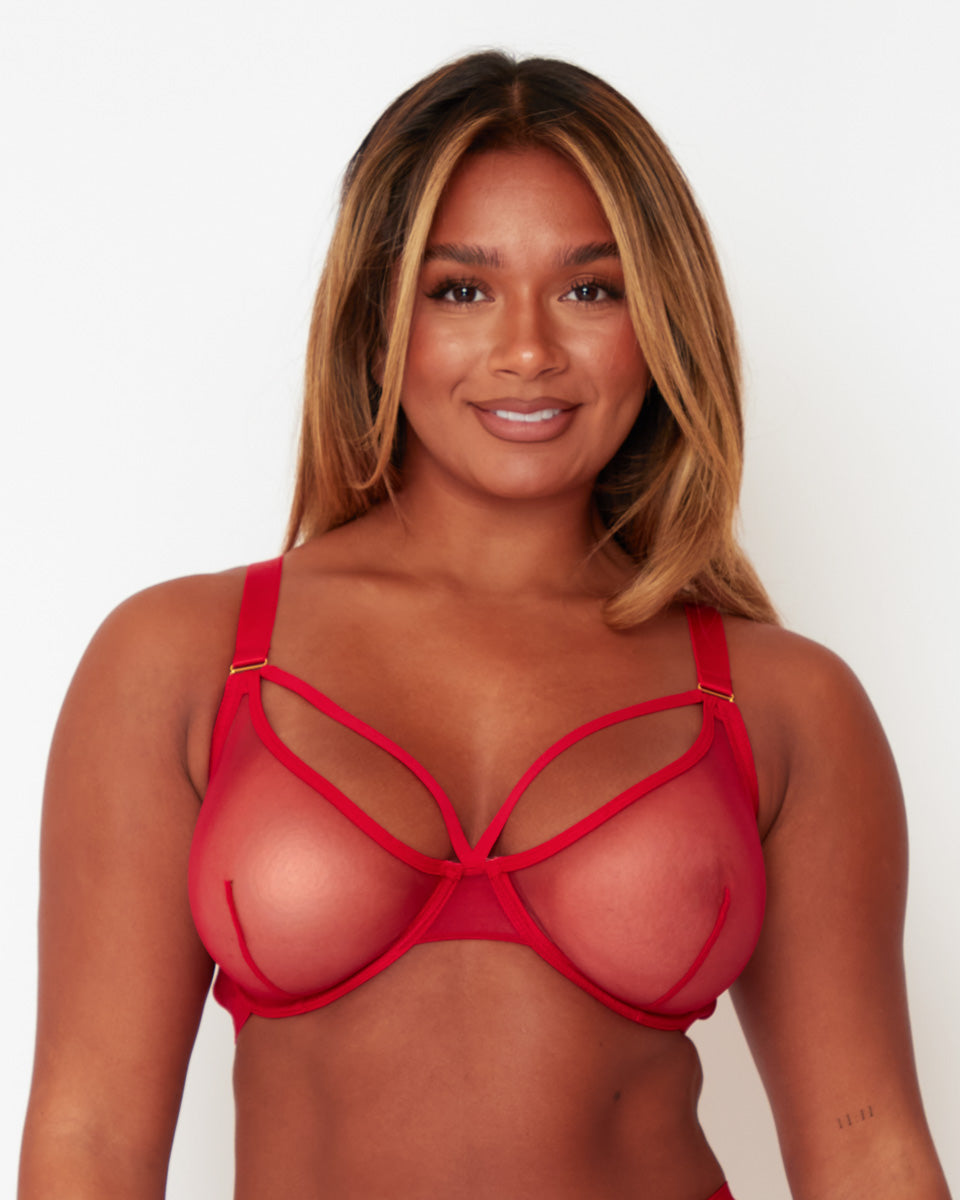 Close-up of the Tutti Rouge Carina Sheer Bra in Sheer Strawberry, a supportive fuller bust DD+ bra with sheer mesh cups and statement strappy detailing.
