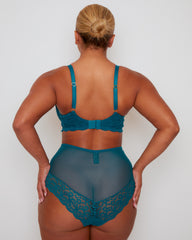 Rear view of Tutti Rouge Daley bra and Bellatrix briefs in Blue Coral, showing heart strap adjusters and sheer mesh with lace trim.