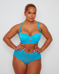 Front view of the Daley Lace T-Shirt Bra and lacec short in Bluebird Blue featuring smooth moulded cups, delicate floral lace detailing, and a subtle keyhole accent at the centre front. The matching lace thong completes the elegant everyday lingerie set.