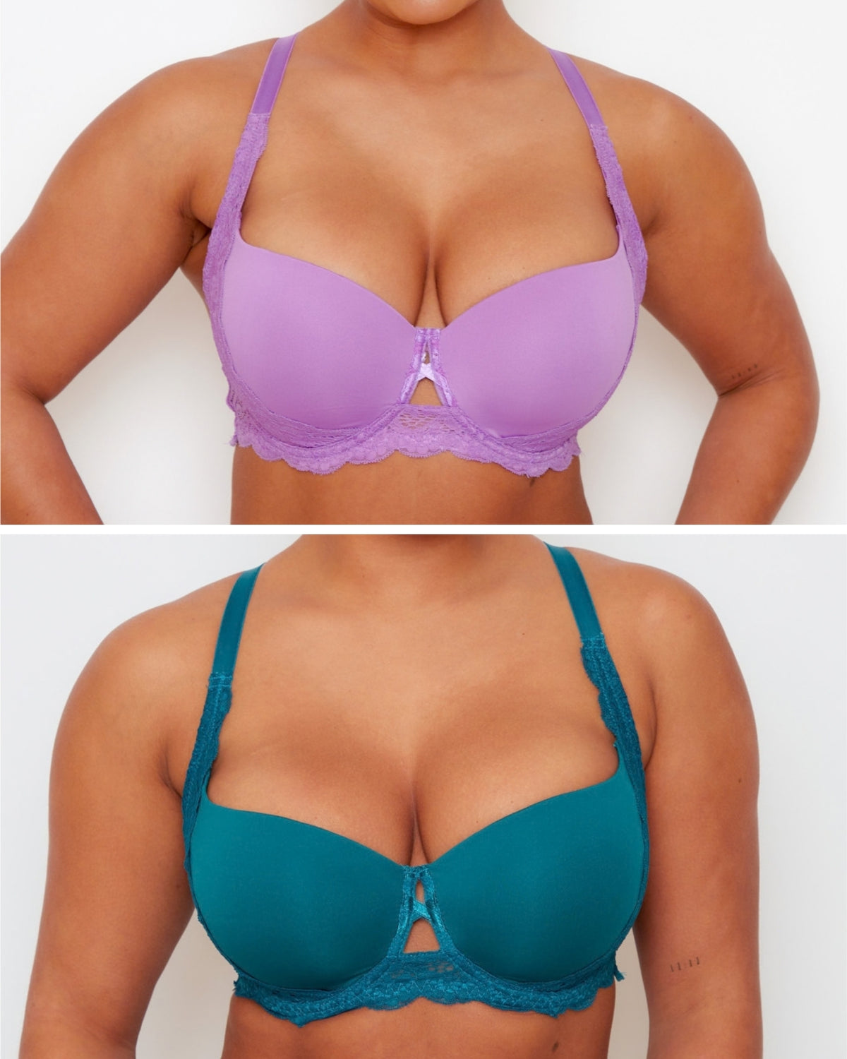 Daley Lace T-Shirt Bra Twin Pack in Amethyst Orchid and Blue Coral featuring smooth moulded cups, underwired support and delicate lace wings.