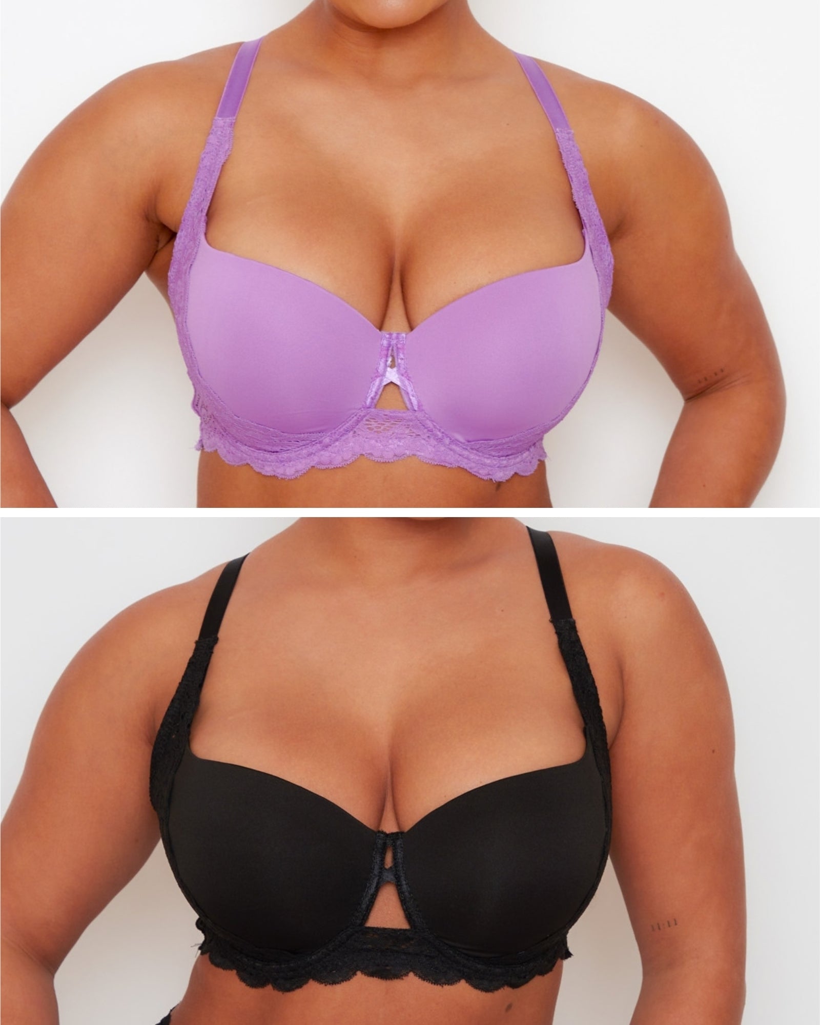 Daley Lace T-Shirt Bra Twin Pack in Amethyst Orchid and Midnight Black featuring smooth moulded cups, underwired support and delicate lace wings.