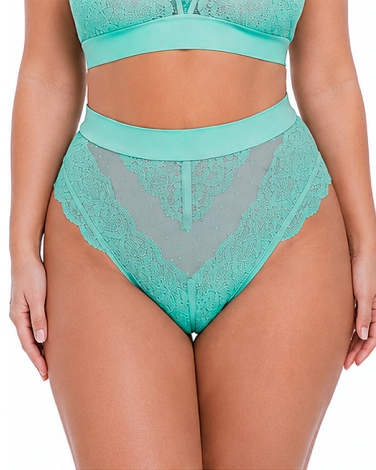 Front view of a model wearing the Tutti Rouge Francine Thong in Ocean Wave, showcasing a flattering high-waisted fit, sheer dotted mesh front, soft mint floral lace and a smooth comfort waistband.