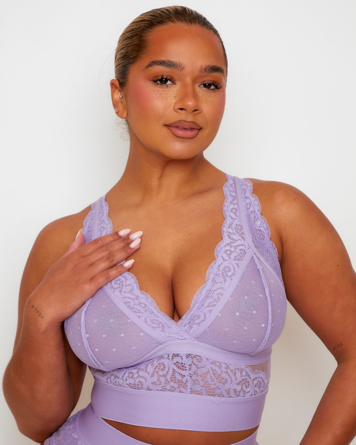 Tutti Rouge Francine Soft Lavender bralette, front close-up showing dotted mesh cups, scalloped lace neckline and a deep underband.