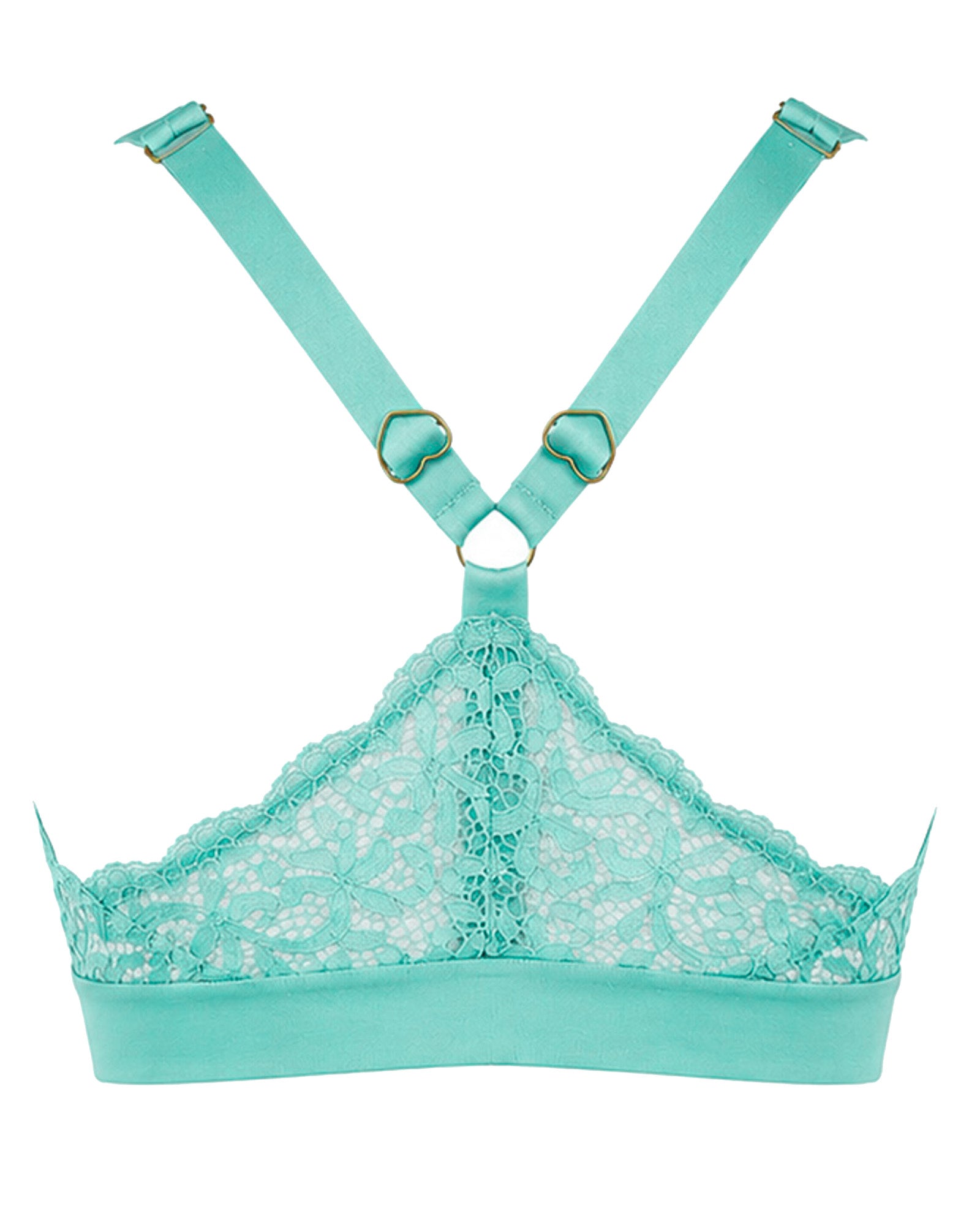 Back view of the Tutti Rouge Hallie Bralette in Ocean Wave, showcasing floral lace racerback styling, adjustable straps with signature heart-shaped sliders, a gold centre ring and a supportive wide underband.