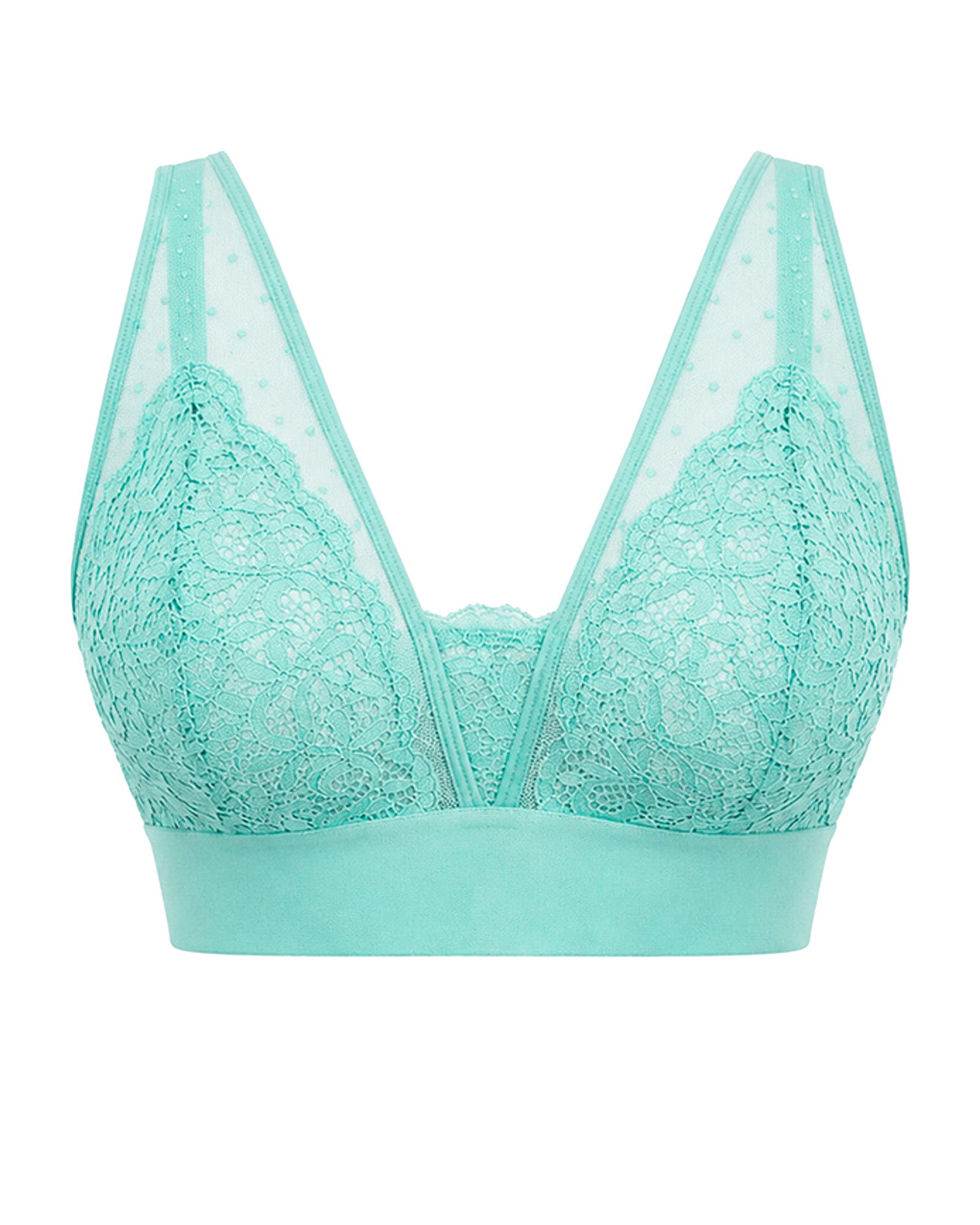 Front view of the Tutti Rouge Hallie Bralette in Ocean Wave, a supportive wire-free fuller bust bralette featuring soft mint floral lace, sheer mesh plunge panels and a wide comfort underband.
