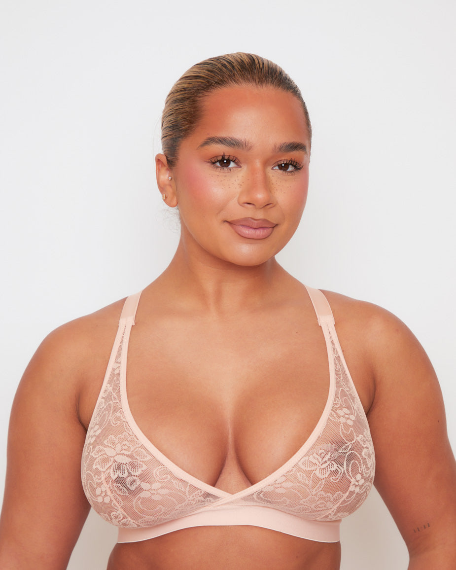 Millie-Mae Fullerbust Triangle Bralette and Thong Set in Blush Pink, featuring sheer floral lace, wireless support, plunge neckline and matching no-VPL thong for DD+ curves.