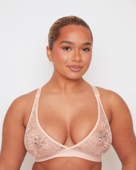 Millie-Mae Fullerbust Triangle Bralette and Thong Set in Blush Pink, featuring sheer floral lace, wireless support, plunge neckline and matching no-VPL thong for DD+ curves.